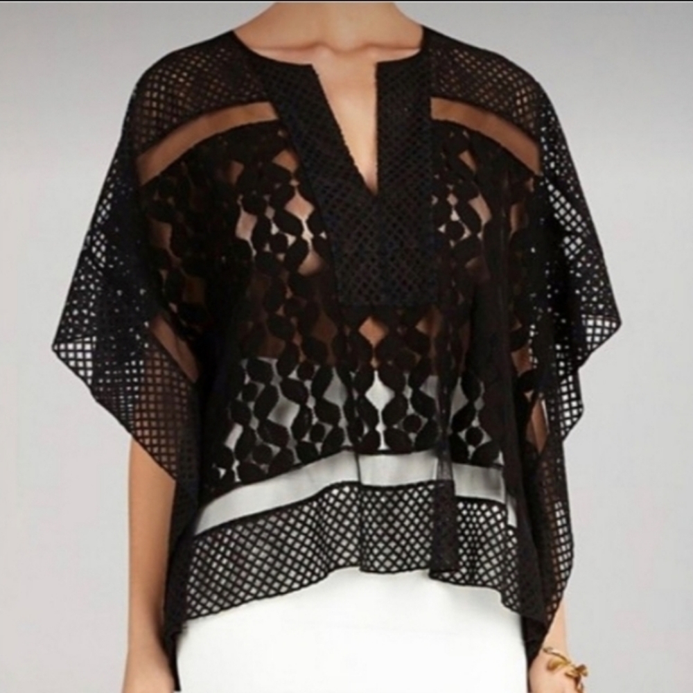 🔥 NEW WITH TAGS 🔥 BCBGMAXAZRIA Reginah Lace-Blocked Kaftan Top Black, Size M